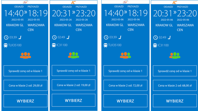 Różnice w cenach biletów na połączenia Kraków-Warszawa 5 i 6 maja