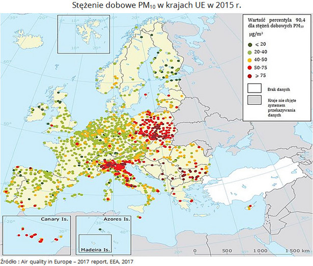 Dobowe stężenie PM10 w krajach UE w 2015 roku; źródło: NIK