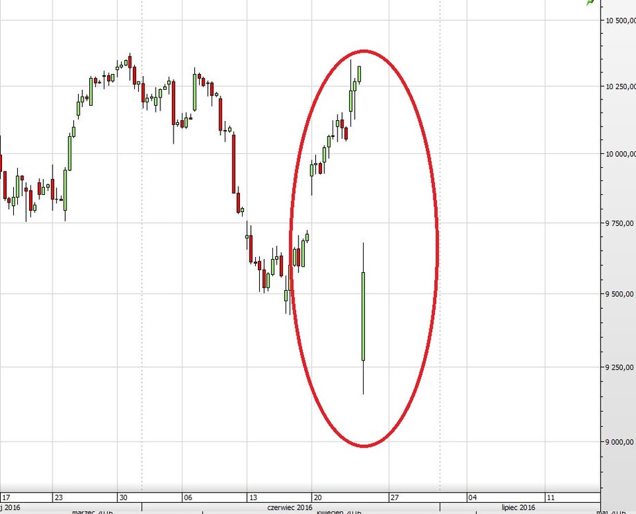 Oznaczona kreska pokazuje, z jak niskiego poziomu startował DAX 24.06