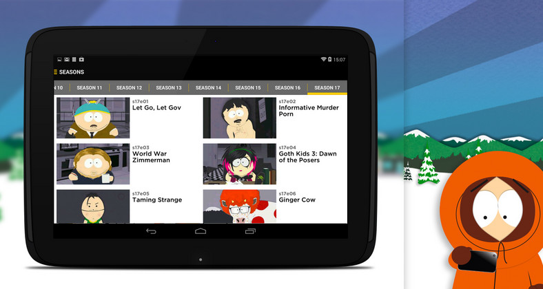 Aplikacja mobilna South Park na tablecie z Androidem