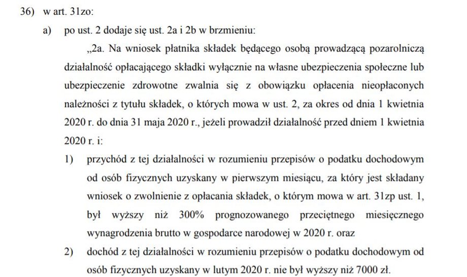 Fragment projektu ustawy rozszerzającej zwolnienie ze składek