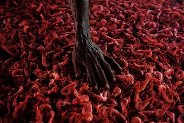 Benedito smokes prawns as he checks it on a wood-fired oven in Corumbau village on the coast of Bahi