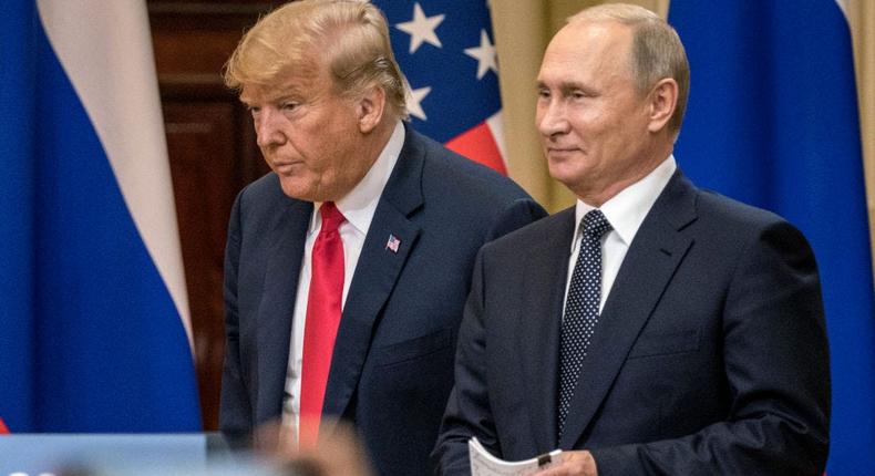 Then-President Donald Trump and Russian President Vladimir Putin attend a joint press conference in Helsinki, Finland, on July 16, 2018.