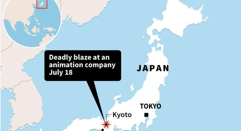 Map of Japan locating Kyoto where a deadly blaze broke out at an anime studio on July 18