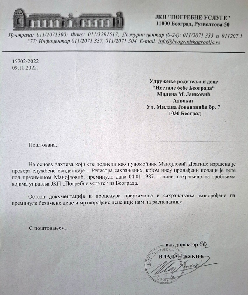 JKP "Pogrebne usluge" Beograd su obavestile majku da nijedno muško dete sa njenim prezimenom nije sahranjeno na njihovim grobljima