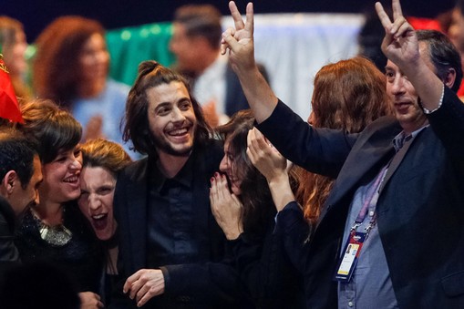 Portugal's Salvador Sobral celebrates with team after the Eurovision Song Contest 2017 Semi-Final 1 