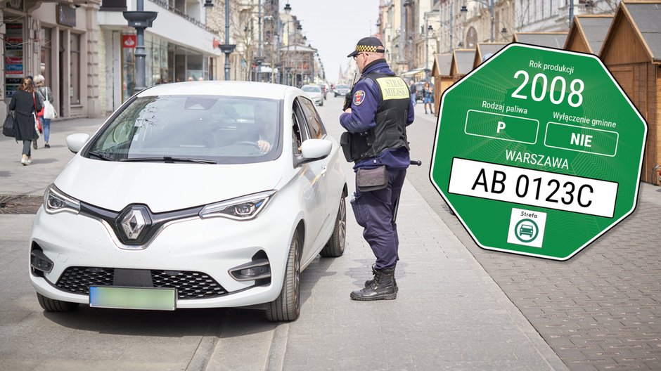 Samochód elektryczny w centrum Łodzi i wzór naklejki dla pojazdów uprawnionych do wjazdu do Strefy Czystego Transportu