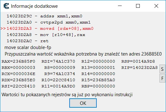 Dodatkowe informacje o konkretnej instrukcji wraz z aktualnym stanem rejestrów i adresem wskaźnika.