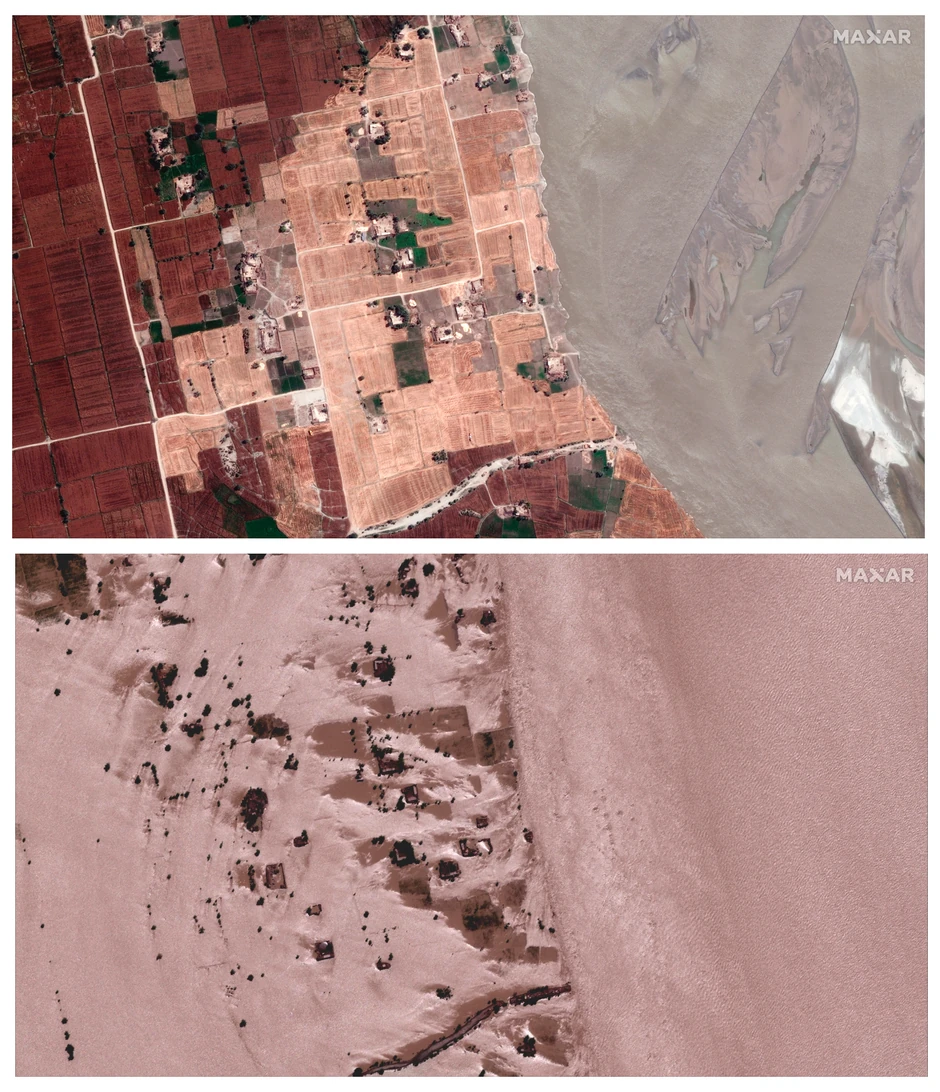 Polja i kuće duž reke Indus u Rodžhanu, Pakistan, nakon poplava