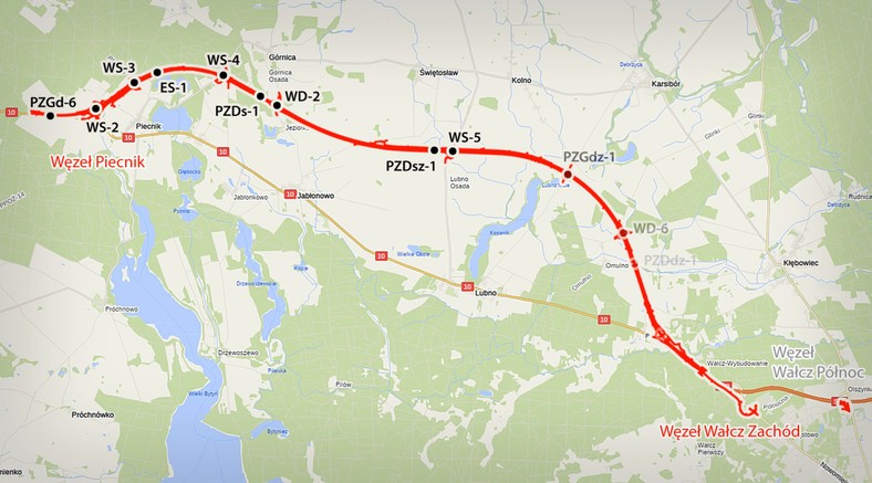 Mapa przebiegu S10 Piecnik-Wałcz