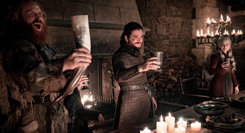 This image released by HBO shows Kristofer Hivju, from left, Kit Harington and Emilia Clarke in a scene from