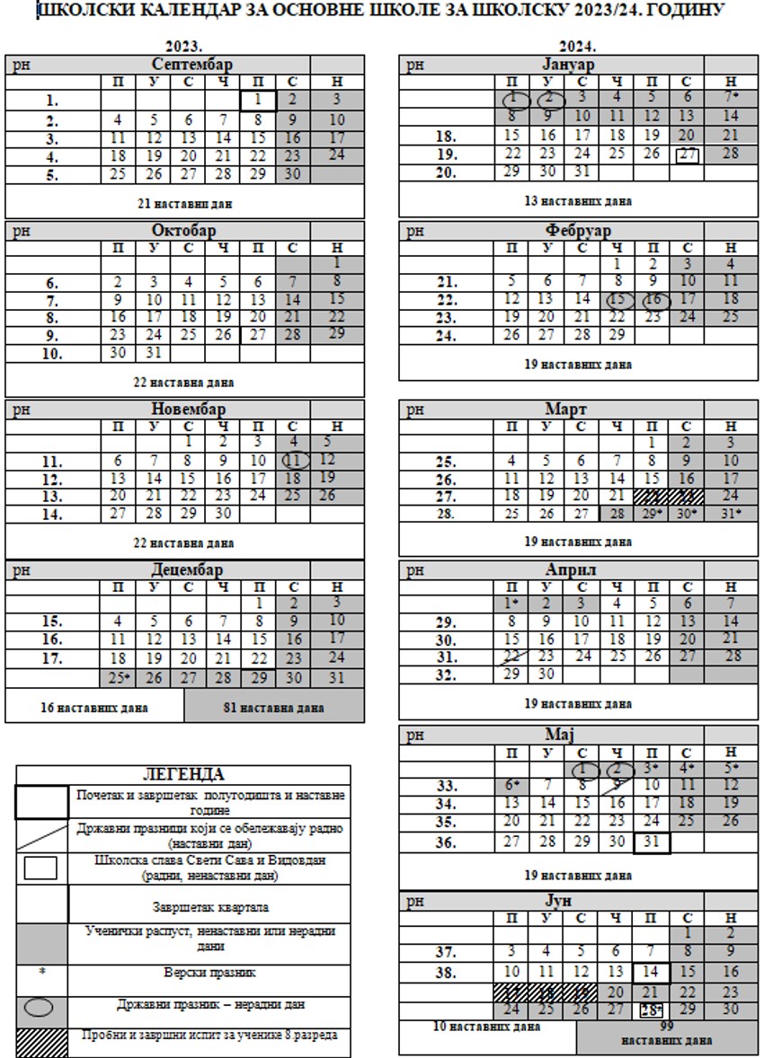 Školski kalendar za osnovne škole za Vojvodina za školsku 2023/24. godinu