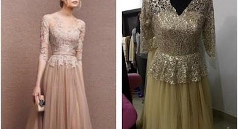 An aggrieved customer shared photos of an outfit a friend wanted (L) and what she got from a Nigerian designer (R)