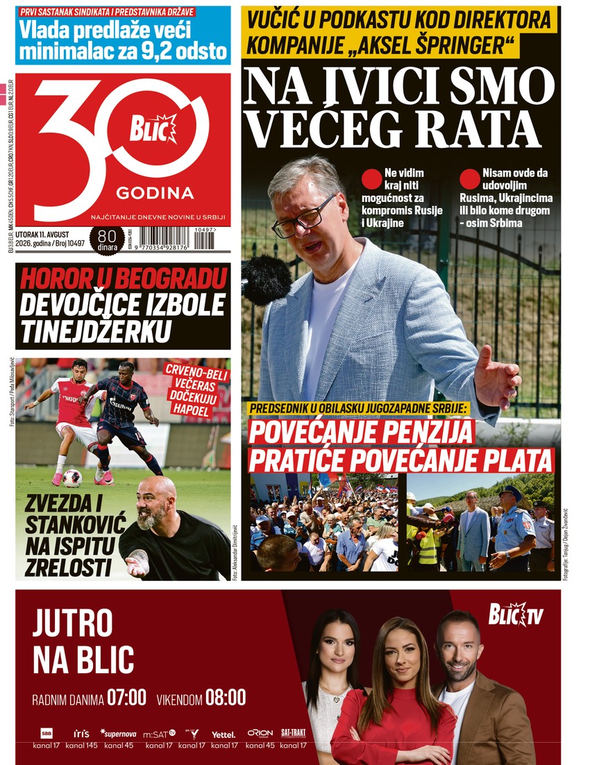 Blic naslovna strana za 11.8.