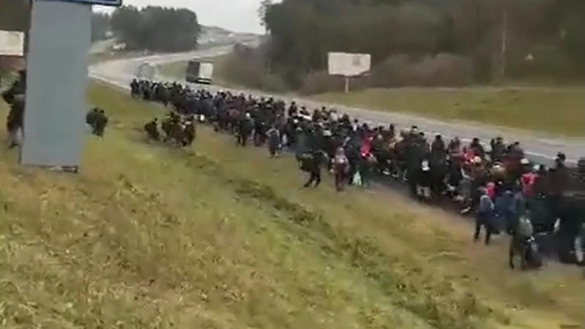 Migranci maszerujący w stronę granicy z Polską.