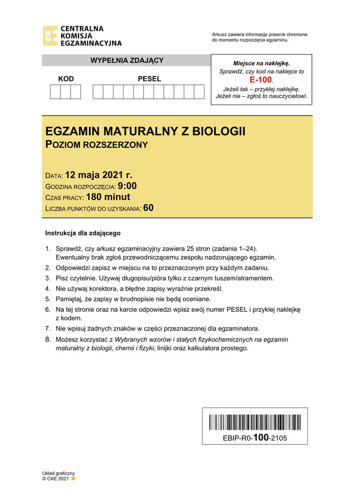 Rozszerzona matura z biologii 2021 - arkusz egzaminacyjny