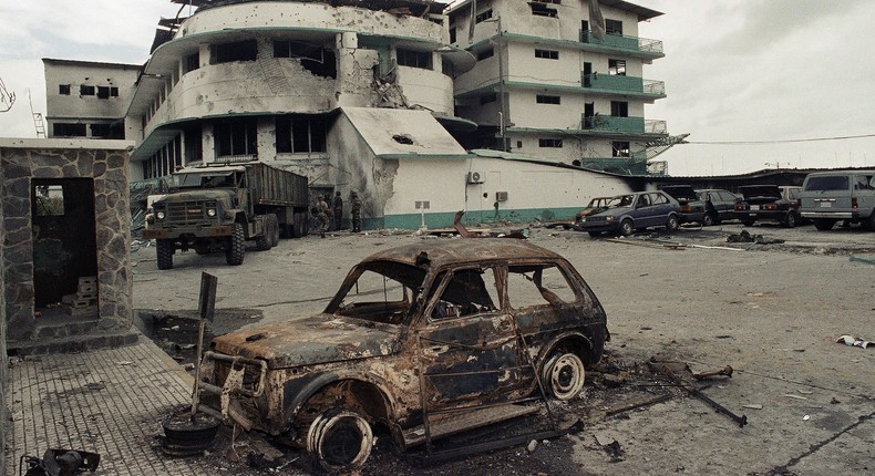 Panamanian Defense Forces Headquarters in Panama City after its destruction during the US invasion, December 27, 1989.