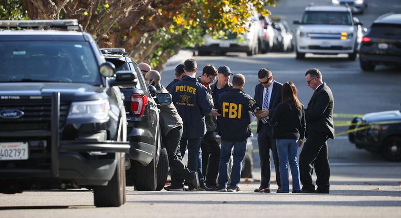 Federal Bureau of Investigation (FBI) takes measurements around Speaker of the United States House of Representatives Nancy Pelosi's home after her husband Paul Pelosi was assaulted with hammer inside their Pacific Heights home early morning on October 28, 2022.Tayfun Coskun/Anadolu Agency via Getty Images