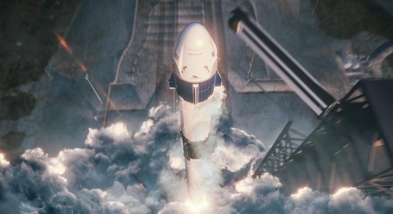 crew dragon spaceship lift off launch falcon 9 block 5 rocket illustration spacex nasa edited