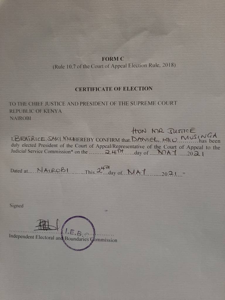 Justice Daniel Musinga elected President of the Court of Appeal 