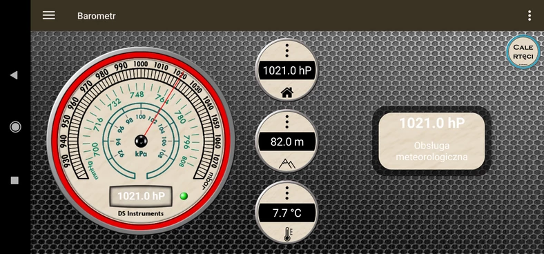 Aplikacja Barometr to coś zarówno dla wielbicieli klasyki, jak i czytelnych wskazań cyfrowych. Poda nam nie tylko wartość ciśnienia, ale też naszą aktualną wysokość nad poziomem morza oraz temperaturę