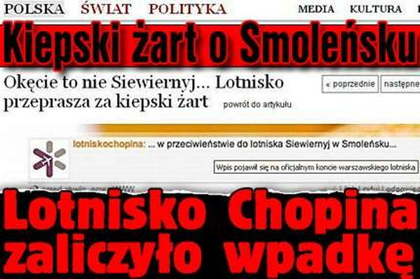 Kiepski żart o Smoleńsku. Lotnisko Chopina zaliczyło wpadkę