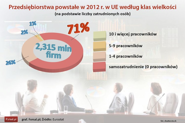 W 2012 roku w całej Unii Europejskiej powstało 2 mln 315 tys. nowych firm, z czego zaledwie 1 proc. to przedsiębiorstwa zatrudniające 10 lub więcej pracowników. Pozostałe 99 proc. to firmy najmniejsze, w których pracuje co najwyżej 9 osób. Wśród mikroprzedsiębiorstw największą grupę stanowiły firmy jednoosobowe, gdzie właściciel jest jedynym pracownikiem. Z łącznej liczby firm założonych w 2012 r. 71 proc. to przedsiębiorstwa osób prowadzących jednoosobową działalność gospodarczą.
