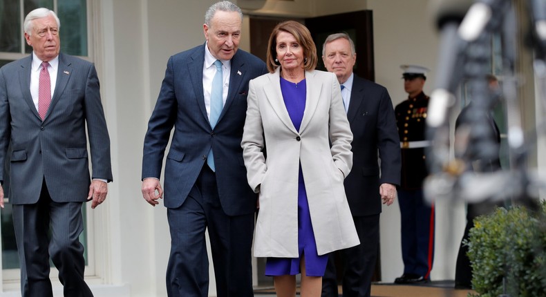 House Speaker Nancy Pelosi (D-CA), Senate Democratic Leader Chuck Schumer (D-NY) and Rep. Steny Hoyer (D-MD) walk to the microphones to speak to reporters following a meeting with U.S. President Donald Trump on the ongoing partial government shutdown at the White House in Washington, U.S., January 4, 2019. REUTERS/Jim Young