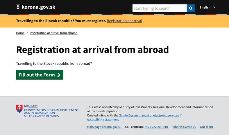Rejestracja przyjeżdżających na Słowację
