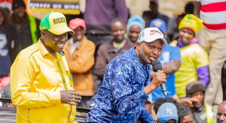 Kenya Kwanza presidential running mate Rigathi Gachagua and Kiambu gubernatorial candidate Moses Kuria during a campaign rally on June 15, 2022