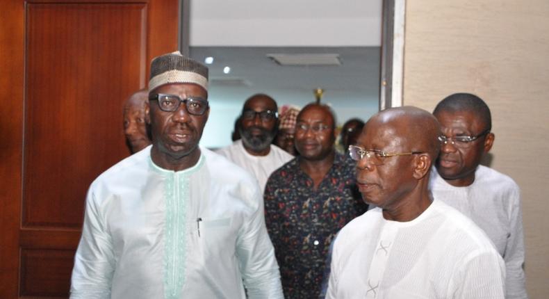 National Chairman of All Progressives Congress (APC), Comrade Adams Oshiomhole (R) with Gov. Godwin Obaseki (L) [Facebook/Governor Godwin Obaseki]