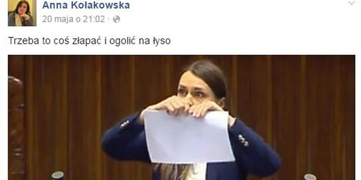 Radna PIS Anna Kołakowska nawołuje by "złapać i ogolić na łyso" posłankę PO Agnieszkę Pomaskę