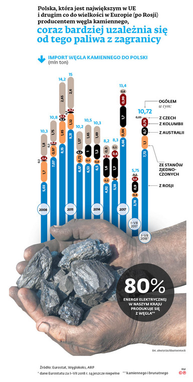Polska, która jest największym w UE i drugim co do wielkości w Europie (po Rosji) producentem węgla kamiennego, coraz bardziej uzależnia się od tego paliwa z zagranicy