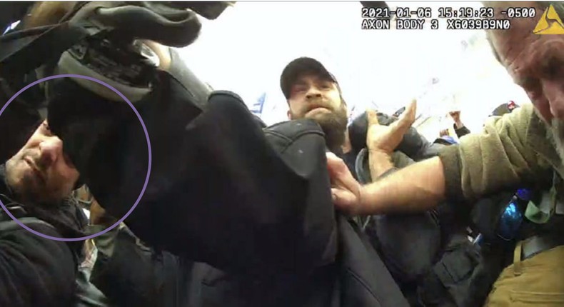 A still from bodycam footage taken by DC Police officer Michael Fanone on January 6, 2021, at the US Capitol.