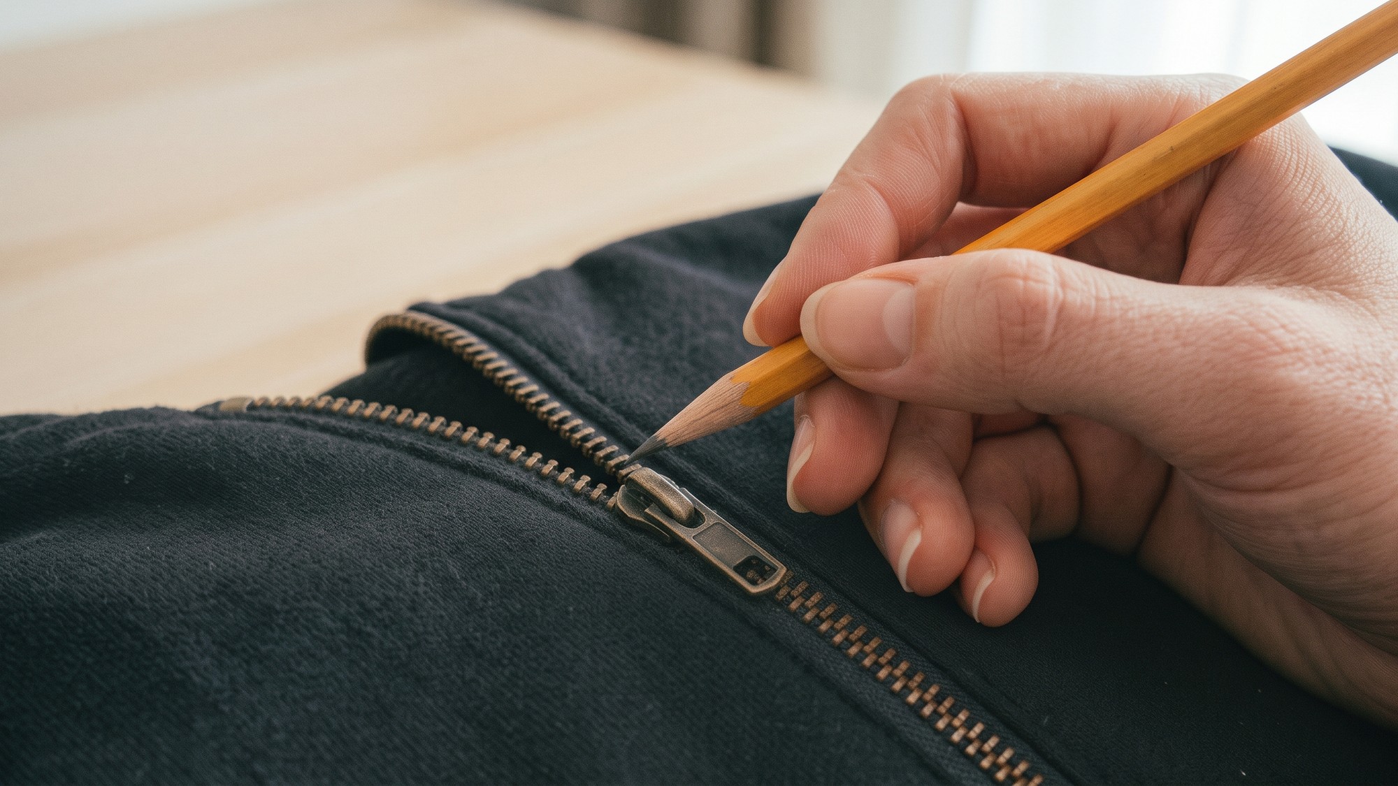 Grafit z obyčajnej ceruzky môže pomôcť uvoľniť zaseknutý zips a obnoviť jeho hladký chod.