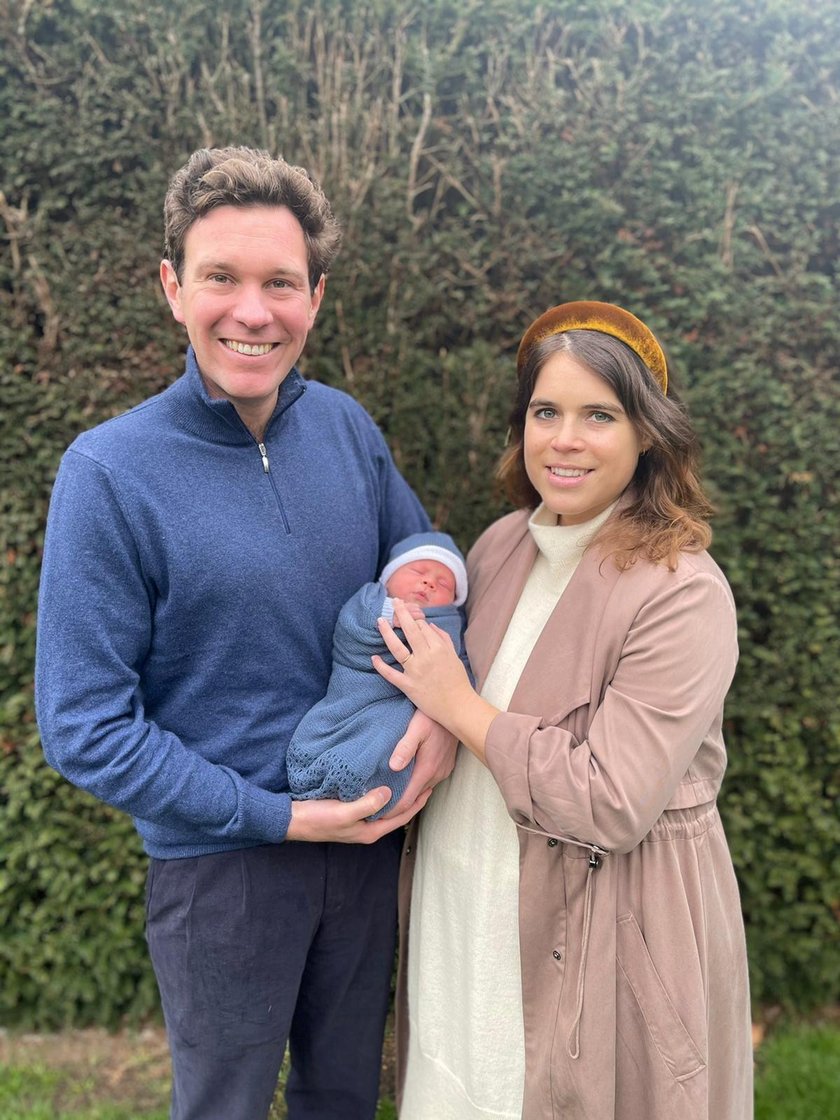 Britain's Princess Eugenie and Jack Brooksbank pose with their son August Philip Hawke Brooksbank in