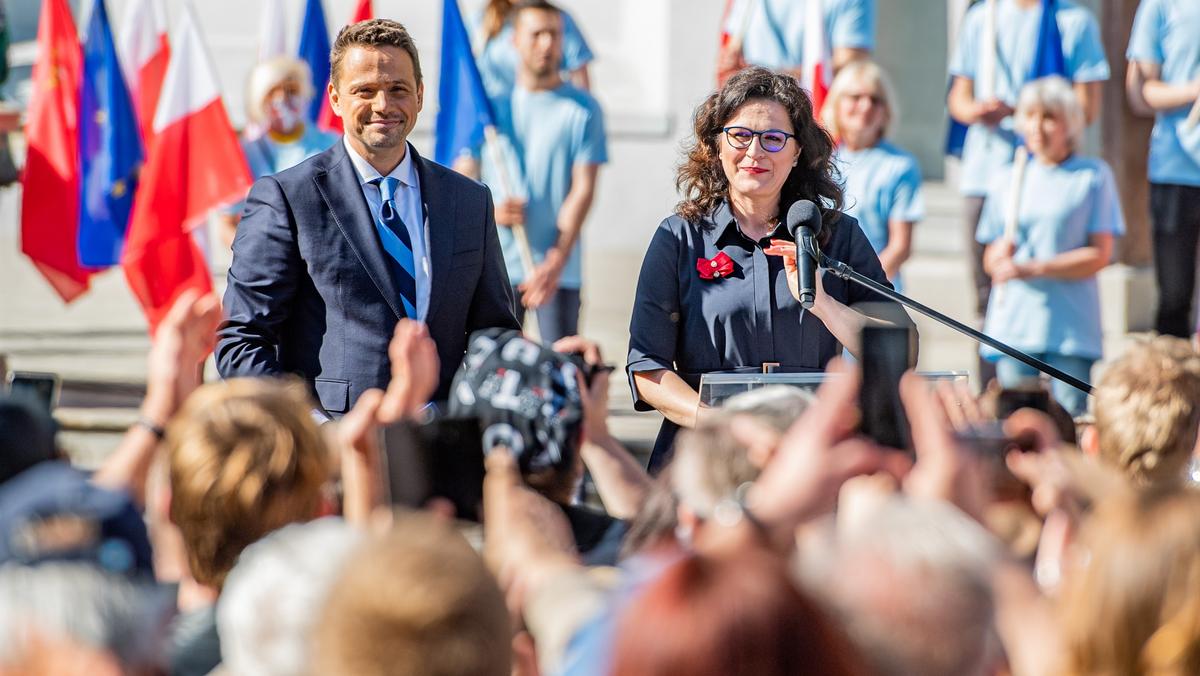 Rafał Trzaskowski i Aleksandra Dulkiewicz podczas wiecu w rocznicę wyborów czerwcowych, Gdańsk, 4 czerwca 2020 r.