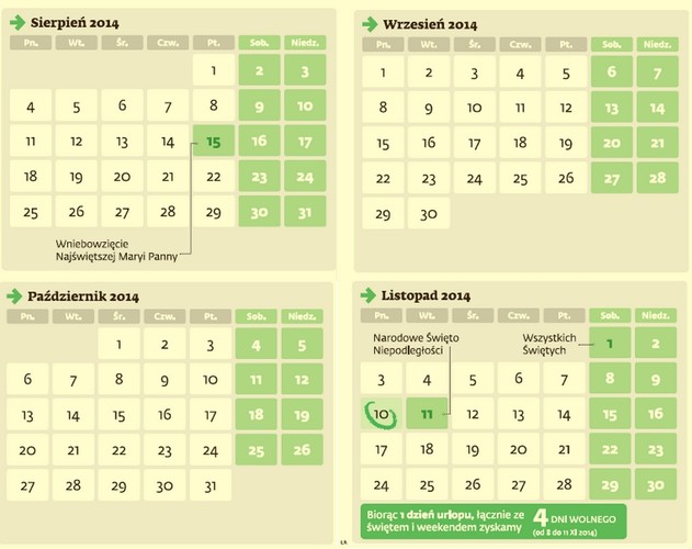 Dni wolne sierpień 2014 - listopad 2014