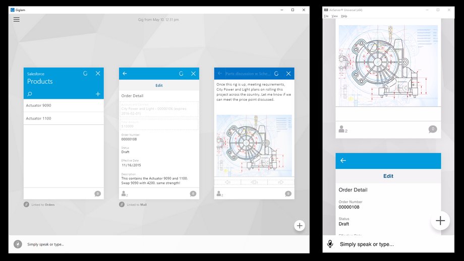 Basically, it lets you pull up a bunch of business data from various sources — Salesforce, Outlook, Microsoft Office 365, LinkedIn, whatever — either by typing or by using voice controls.