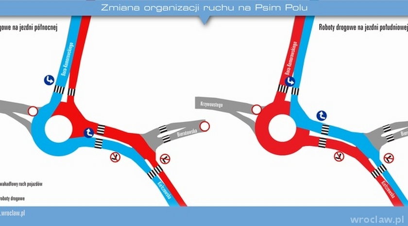 Mapka objazdu na rondzie na Psim Polu we Wrocławiu