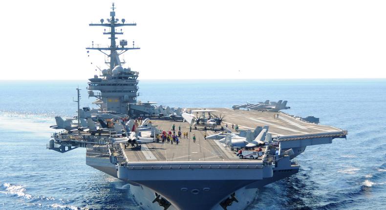 Here's the USS George H.W. Bush, complete with aircraft for logistics, air-to-air, air-to-ground, intelligence and surveillance, early-warning, and antisubmarine warfare.