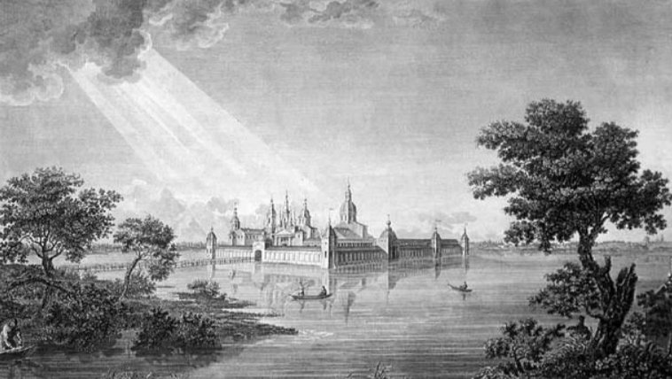 Widok na klasztor Kirillo-Novozero. A.G. Ukhtomsky. Grafika wykonana dłutem na podstawie rysunku Cowlinga. 1823 г.