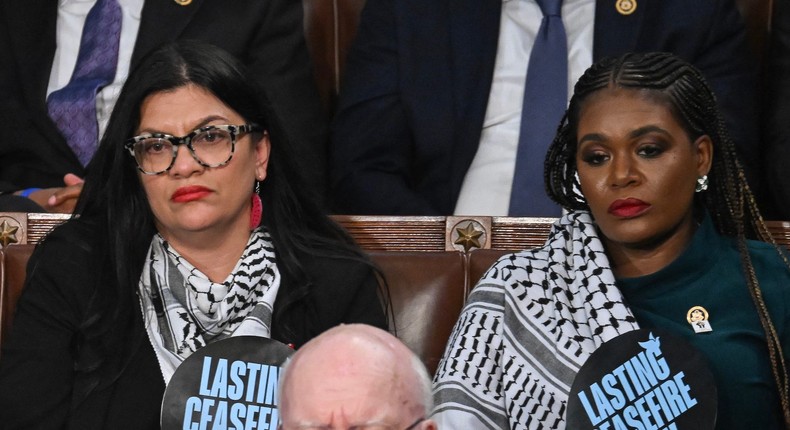 Reps. Rashida Tlaib of Michigan and Cori Bush of Missouri were among the Democrats who voted against the GOP-led resolution.Andrew Caballero-Reynolds/AFP via Getty Images