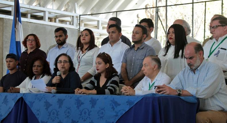 Nicaraguan Azaleah Solis (3-L), member of the opposition Civic Alliance for Justice, speaks during a press conference in Managua on March 19, 2019