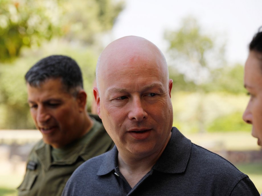 Jason Greenblatt (C), U.S. President Donald Trump's Middle East envoy, arrives to visit Kibbutz Nahal Oz, just outside the Gaza Strip, in southern Israel August 30, 2017.