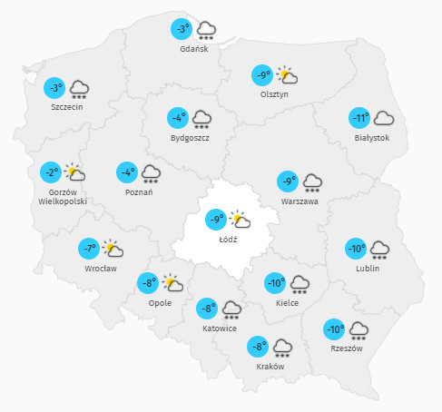 Prognoza maksymalnej temperatury w piątek, 12 lutego