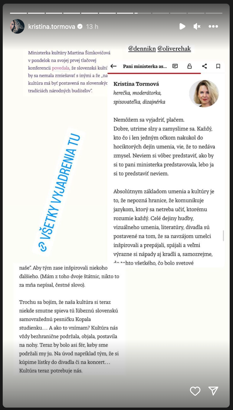 Kristína Tormová sa vyjadrila k ministerke kultúry Martine Šimkovičovej.