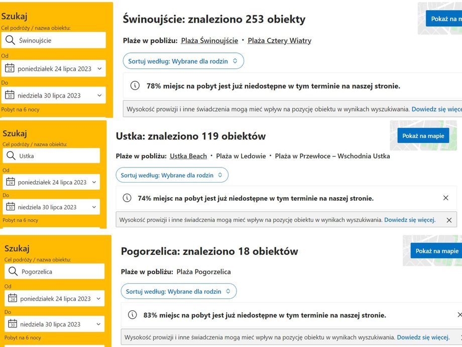 "78 proc. miejsc zajętych", "83 proc. miejsc zajętych" – takie komunikaty widzą coraz częściej osoby, które szukają noclegów nad polskim morzem.