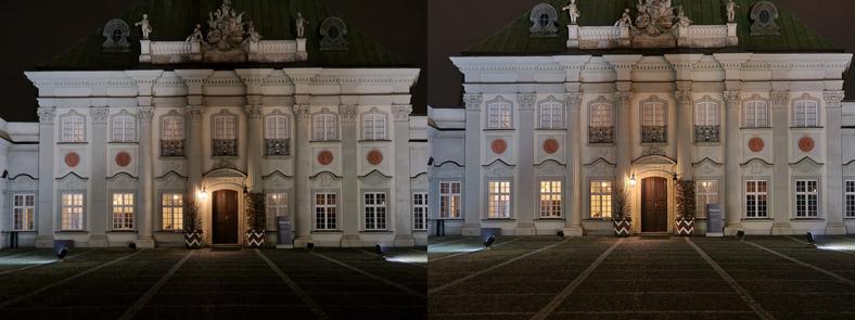 Zdjęcia nocne wykonane modułem tele 3x w trybie automatycznym (po lewej) oraz w dedykowanym do takich zadań trybie Noc (kliknij, aby powiększyć) 