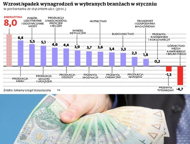 Wzrost/spadek wynagrodzeń w wybranych branżach w styczniu
